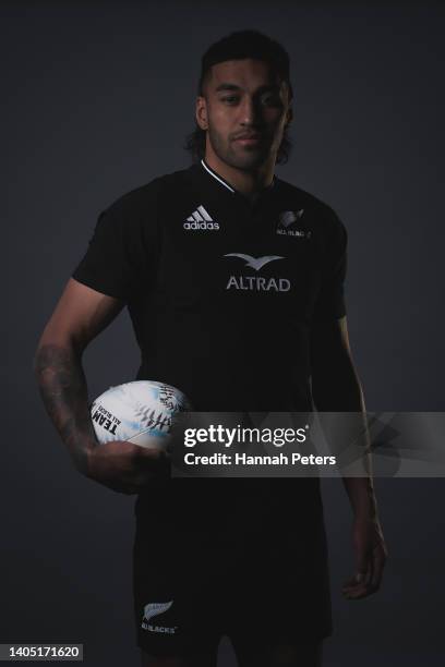 Rieko Ioane poses during the New Zealand All Blacks 2022 headshots session at the Park Hyatt Hotel on June 21, 2022 in Auckland, New Zealand.