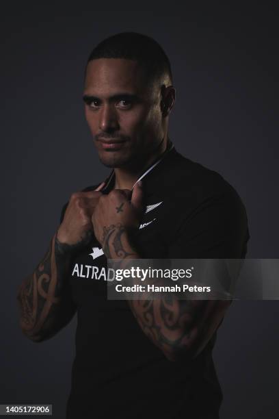 Aaron Smith poses during the New Zealand All Blacks 2022 headshots session at the Park Hyatt Hotel on June 21, 2022 in Auckland, New Zealand.