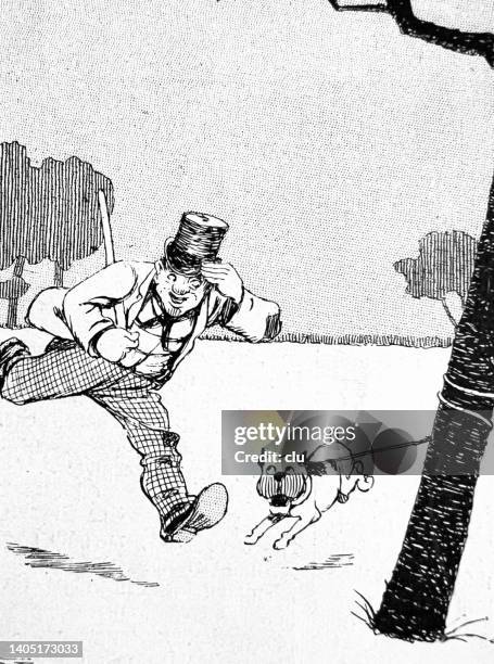 man and dog at a tree, dog winds his leash around the tree and has less and less leeway - less paperwork stock illustrations
