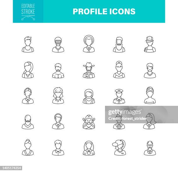illustrazioni stock, clip art, cartoni animati e icone di tendenza di icone del profilo tratto modificabile. contiene icone come utente, social media, membro, comunicazione, avatar - ritratto