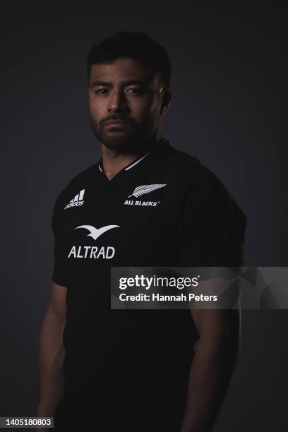 Richie Mo'unga poses during the New Zealand All Blacks 2022 headshots session at the Park Hyatt Hotel on June 21, 2022 in Auckland, New Zealand.