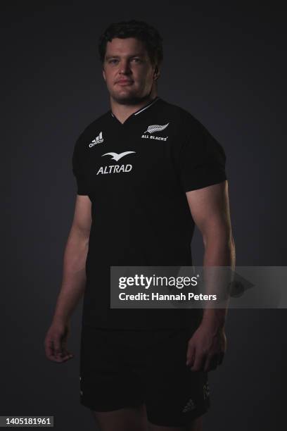 Scott Barrett poses during the New Zealand All Blacks 2022 headshots session at the Park Hyatt Hotel on June 21, 2022 in Auckland, New Zealand.