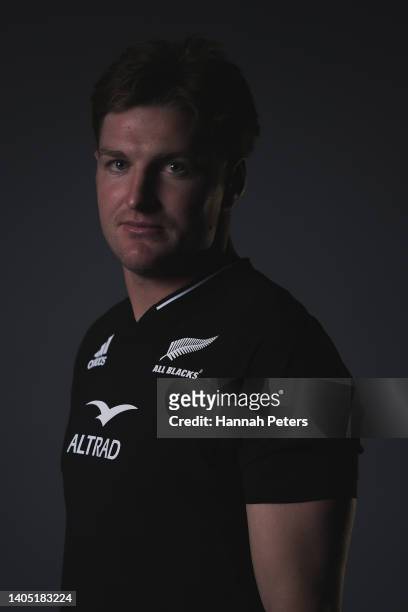 Jordie Barrett poses during the New Zealand All Blacks 2022 headshots session at the Park Hyatt Hotel on June 21, 2022 in Auckland, New Zealand.