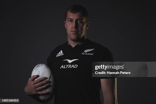 Brodie Retallick poses during the New Zealand All Blacks 2022 headshots session at the Park Hyatt Hotel on June 21, 2022 in Auckland, New Zealand.