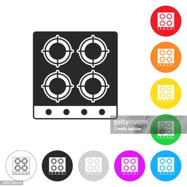 gas stove - top view. icon on colorful buttons - stove top stock illustrations