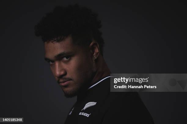 Leicester Fainga'anuku poses during the New Zealand All Blacks 2022 headshots session at the Park Hyatt Hotel on June 21, 2022 in Auckland, New...