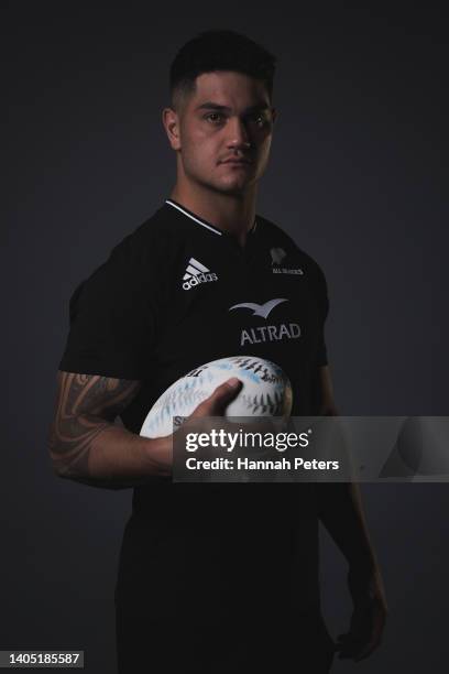 Quinn Tupaea poses during the New Zealand All Blacks 2022 headshots session at the Park Hyatt Hotel on June 21, 2022 in Auckland, New Zealand.