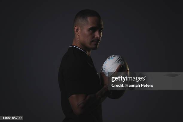 Aaron Smith poses during the New Zealand All Blacks 2022 headshots session at the Park Hyatt Hotel on June 21, 2022 in Auckland, New Zealand.