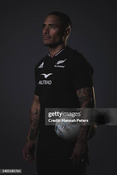 Aaron Smith poses during the New Zealand All Blacks 2022 headshots session at the Park Hyatt Hotel on June 21, 2022 in Auckland, New Zealand.