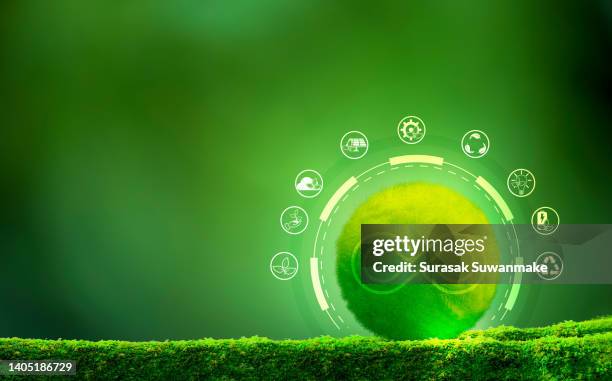 revolving business idea increasing energy use and co2 emissions, share, reuse, repair, improve and recycle existing materials and products to their full potential. - circulaire economie stockfoto's en -beelden
