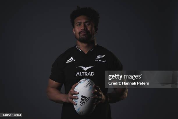 Ardie Savea poses during the New Zealand All Blacks 2022 headshots session at the Park Hyatt Hotel on June 21, 2022 in Auckland, New Zealand.