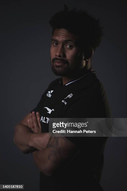 Ardie Savea poses during the New Zealand All Blacks 2022 headshots session at the Park Hyatt Hotel on June 21, 2022 in Auckland, New Zealand.