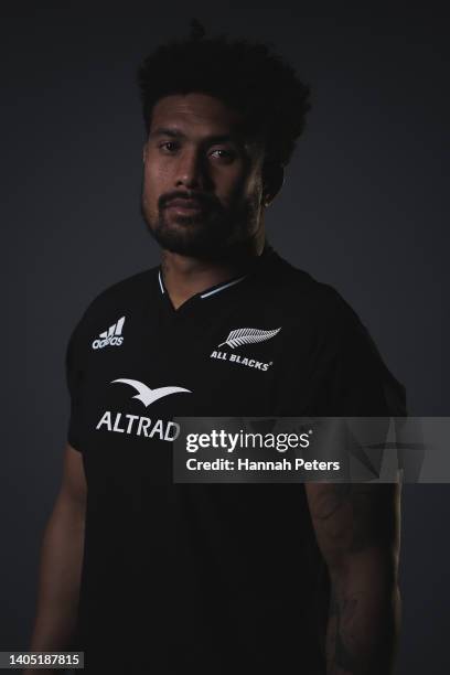 Ardie Savea poses during the New Zealand All Blacks 2022 headshots session at the Park Hyatt Hotel on June 21, 2022 in Auckland, New Zealand.