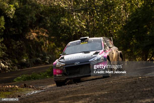 Daniel Gonzalez competes in a Hyundai i20 R5 during the 2022 Rally Launceston, part of the Australian Rally Championship on June 26, 2022 in...