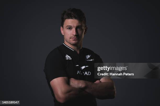 Beauden Barrett poses during the New Zealand All Blacks 2022 headshots session at the Park Hyatt Hotel on June 21, 2022 in Auckland, New Zealand.