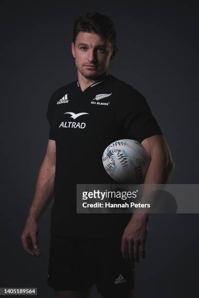 Beauden Barrett poses during the New Zealand All Blacks 2022 headshots session at the Park Hyatt Hotel on June 21, 2022 in Auckland, New Zealand.