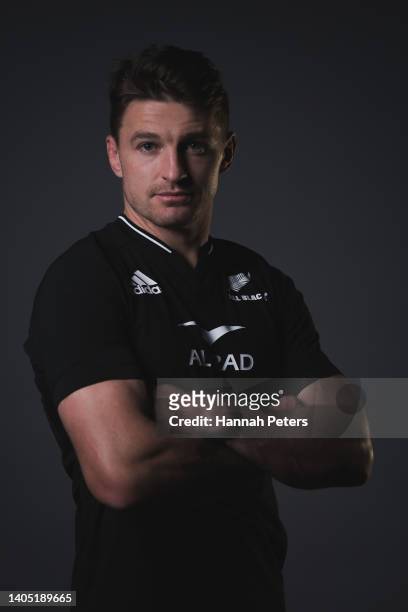 Beauden Barrett poses during the New Zealand All Blacks 2022 headshots session at the Park Hyatt Hotel on June 21, 2022 in Auckland, New Zealand.