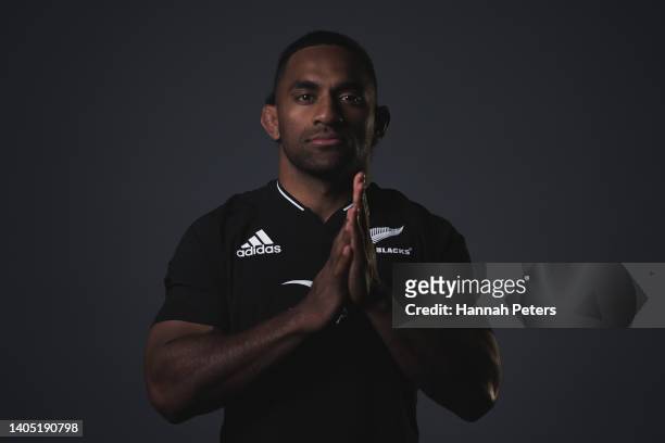 Sevu Reece poses during the New Zealand All Blacks 2022 headshots session at the Park Hyatt Hotel on June 21, 2022 in Auckland, New Zealand.