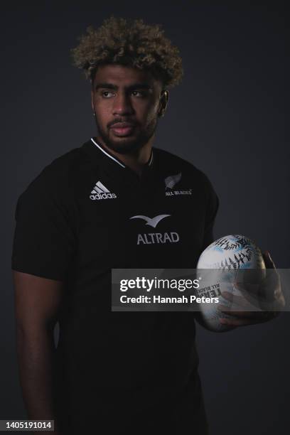 Hoskins Sotutu poses during the New Zealand All Blacks 2022 headshots session at the Park Hyatt Hotel on June 21, 2022 in Auckland, New Zealand.