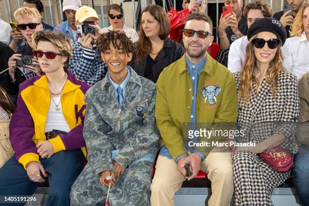 Cruz Beckham, Jaden Smith, Justin Timberlake and Jessica Biel attend the Kenzo Menswear Spring Summer 2023 show as part of Paris Fashion Week on June...