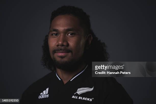Folau Fakatava poses during the New Zealand All Blacks 2022 headshots session at the Park Hyatt Hotel on June 21, 2022 in Auckland, New Zealand.
