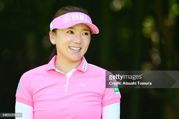 Chie Arimura of Japan smiles during the final round of the Earth Mondamin Cup at Camellia Hills Country Club on June 26, 2022 in Sodegaura, Chiba,...