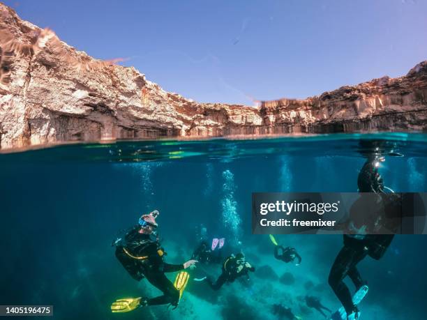 scuba divers exploring and enjoying sea life - malta diving stock pictures, royalty-free photos & images