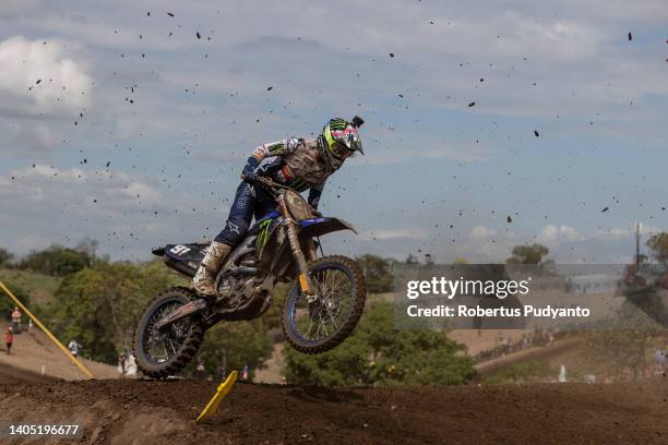 Jeremy Seewer of Swiss and Monster Energy Yamaha Factory MXGP jumps during Race 1 of the 2022 MXGP of Indonesia at Samota on June 26, 2022 in...