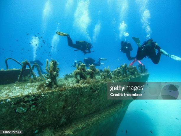 scuba divers exploring huge ship wreck on the sea bottom - malta diving stock pictures, royalty-free photos & images