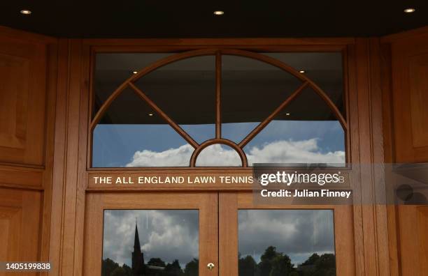 Detailed view of "The All England Lawn Tennis and Croquet Club" door ahead of The Championships Wimbledon 2022 at All England Lawn Tennis and Croquet...