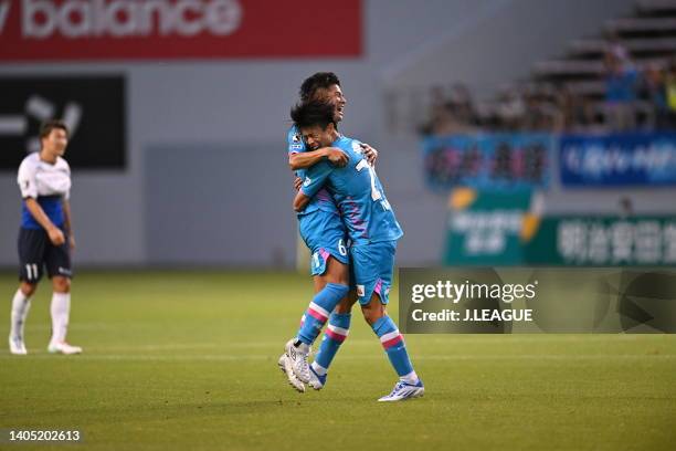 Yuto IWASAKI of Sagan Tosu celebrates scoring his side's first goal with his teammate during the J.LEAGUE Meiji Yasuda J1 18th Sec. Match between...