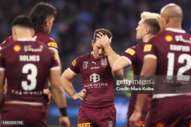 Ben Hunt of the Maroons looks dejected after a try to Nathan Cleary of the Blues during game two of the State of Origin series between New South...