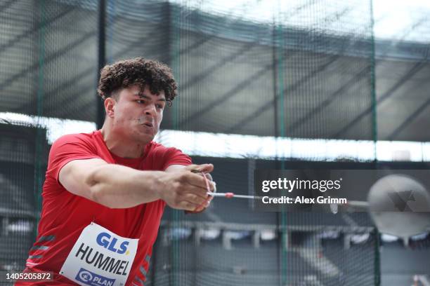 Merlin Hummel of UAC Kulmbach competes in the Men's Hammer Throw Final on day 4 of the multi sport event Die Finals on June 26, 2022 in Berlin,...