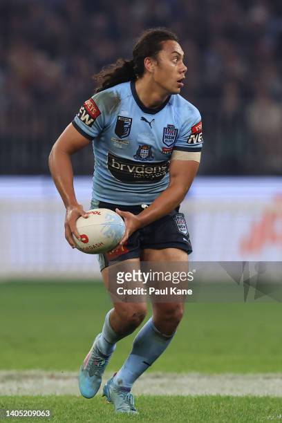 Jarome Luai of the Blues runs the ball during game two of the State of Origin series between New South Wales Blues and Queensland Maroons at Optus...
