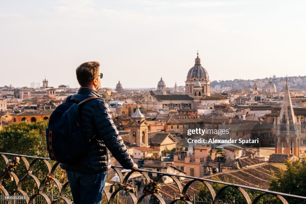 Rear view of a man looking at Rome skyline from above, Italy