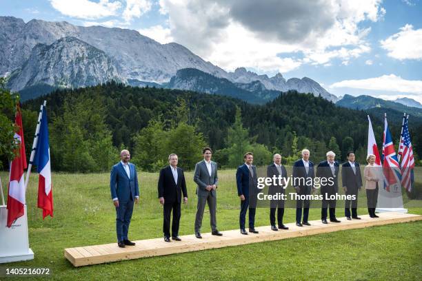 European Council President Charles Michel, Italy's Prime Minister Mario Draghi, Canada's Prime Minister Justin Trudeau, French President Emmanuel...