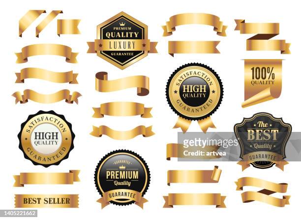 gold badges and ribbons set - badge stock illustrations