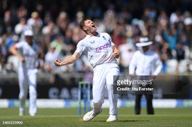 England bowler Matthew Potts celebrates the wicket of Tom Blundell, which is overturned after review during day four of the third Test Match between...