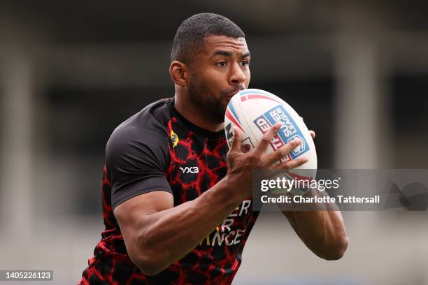 Kallum Watkins of Salford Red Devils warms up prior to the Betfred Super League between Salford Red Devils and Wakefield Trinity at AJ Bell Stadium...