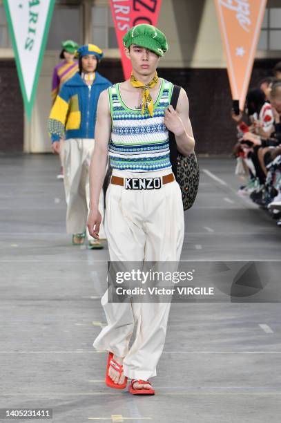 Model walks the runway during the Kenzo Ready to Wear Spring/Summer 2023 fashion show as part of the Paris Men Fashion Week on June 26, 2022 in...