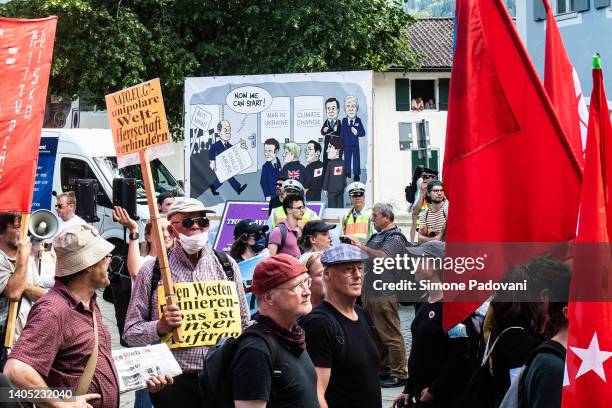 Victims of sexual abuses in their childhood demonstrate during the first day of the G7 meeting on June 26, 2022 in Garmisch-Partenkirchen, Germany....