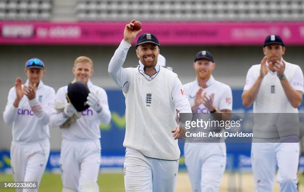 Jack Leach of England leads his side off after taking 5 wickets during Day Four of the Third LV= Insurance Test Match at Headingley on June 26, 2022...
