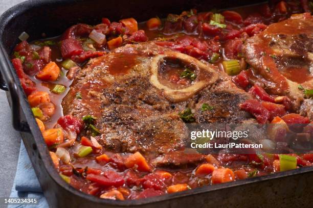 baked osso buco with beef beef shanks - bone marrow stock pictures, royalty-free photos & images