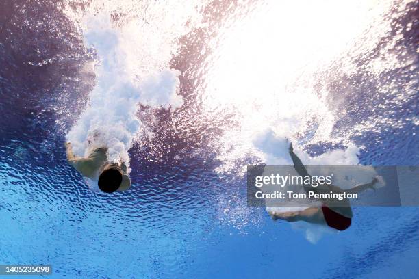Diego Garcia de la Fuente and Yolotl Otniel Martinez Cabral of Team Mexico competes in the Men's 3m Synchro Springboard Final on day one of the...
