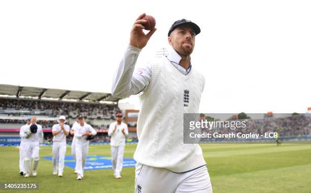 Jack Leach of England leaves the field after taking a five wicket haul during day four of the Third LV= Insurance Test Match between England and New...