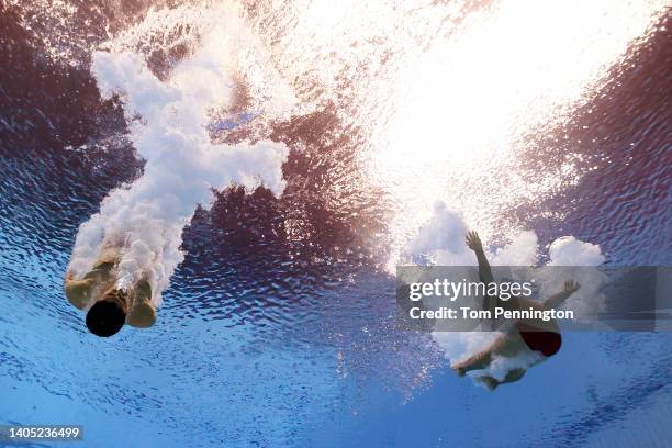Diego Garcia de la Fuente and Yolotl Otniel Martinez Cabral of Team Mexico competes in the Men's 3m Synchro Springboard Final on day one of the...