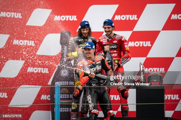 Maverick Viñales of Spain and Aprilia Racing celebrates with Prosecco during the race of the MotoGP Motul TT Assen at TT Circuit Assen on June 26,...