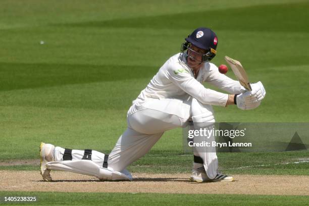 Luis Reece of Derbyshire hits out during the LV= Insurance County Championship match between Sussex and Derbyshire at The 1st Central County Ground...