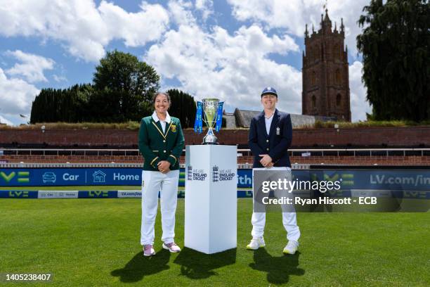 Sune Luus, Captain of South Africa, and Heather Knight, Captain of England, pose for a photograph with the LV= Insurance Test trophy at The Cooper...