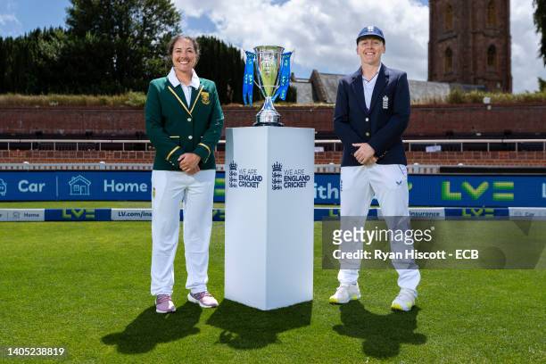 Sune Luus, Captain of South Africa, and Heather Knight, Captain of England, pose for a photograph with the LV= Insurance Test trophy at The Cooper...